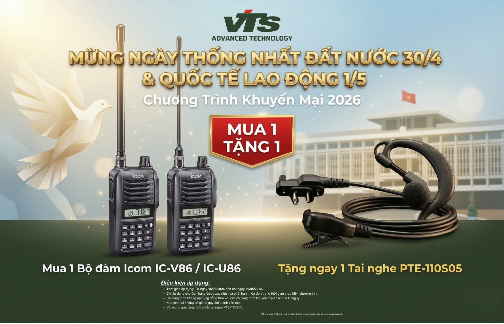 Mua Bộ Đàm IC-V86 Hoặc IC-U86 Tặng Ngay Tai Nghe PTE-110S05